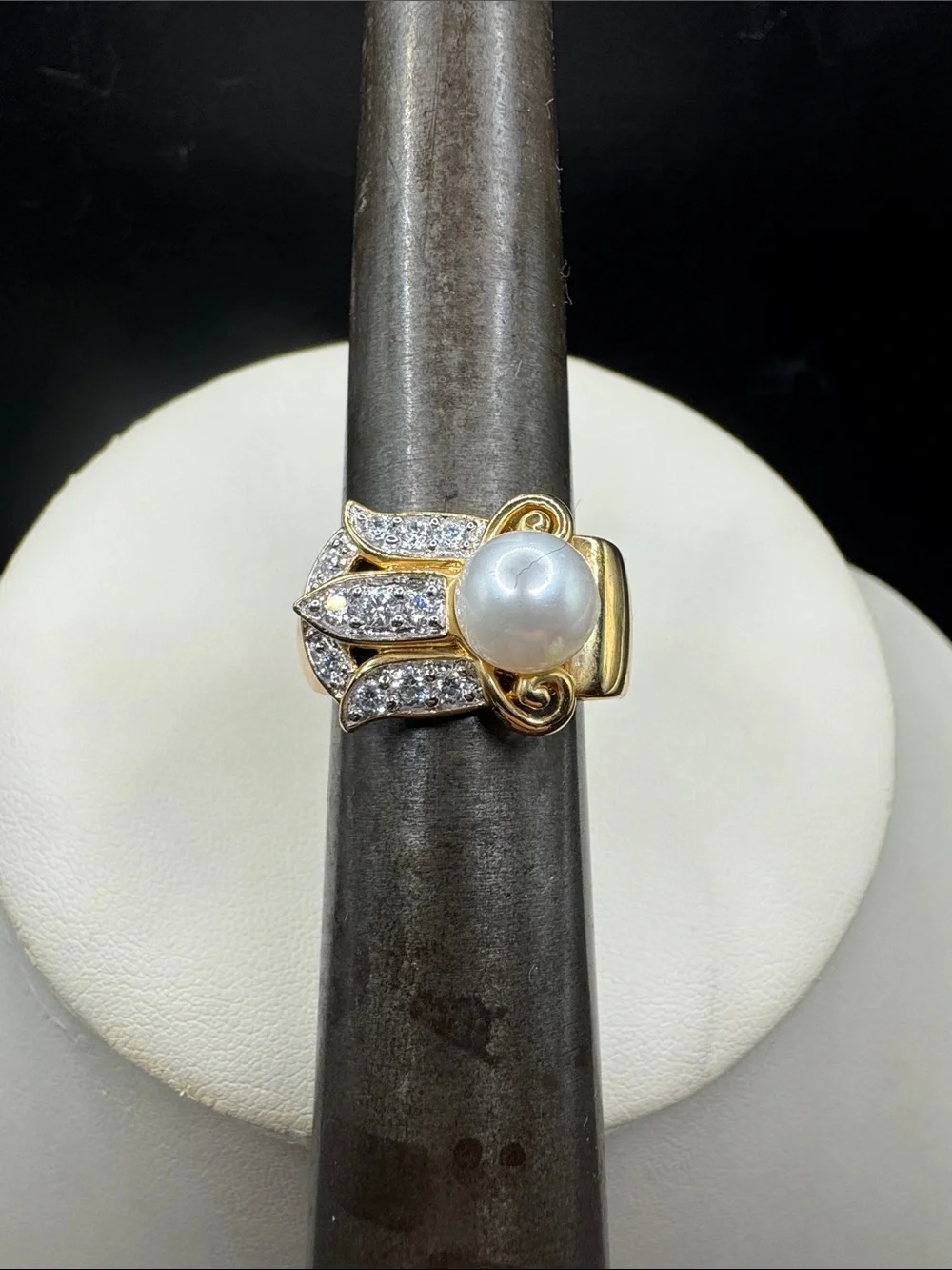 HSN Victoria Wieck Gold overlay sterling silver Real Pearl Ring Pavé Crystal sz7
